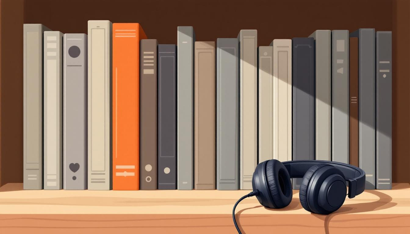 A row of audiobook spines on a wooden shelf, one slot empty showing the back wall, dark headphones lying in front of the missing book, a single orange spine standing out among muted greys and tans