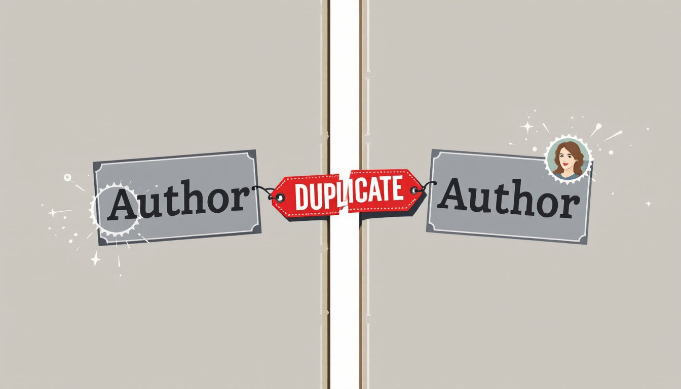 Two identical author name cards jamming into a single slot, with a red DUPLICATE tag wedged between them