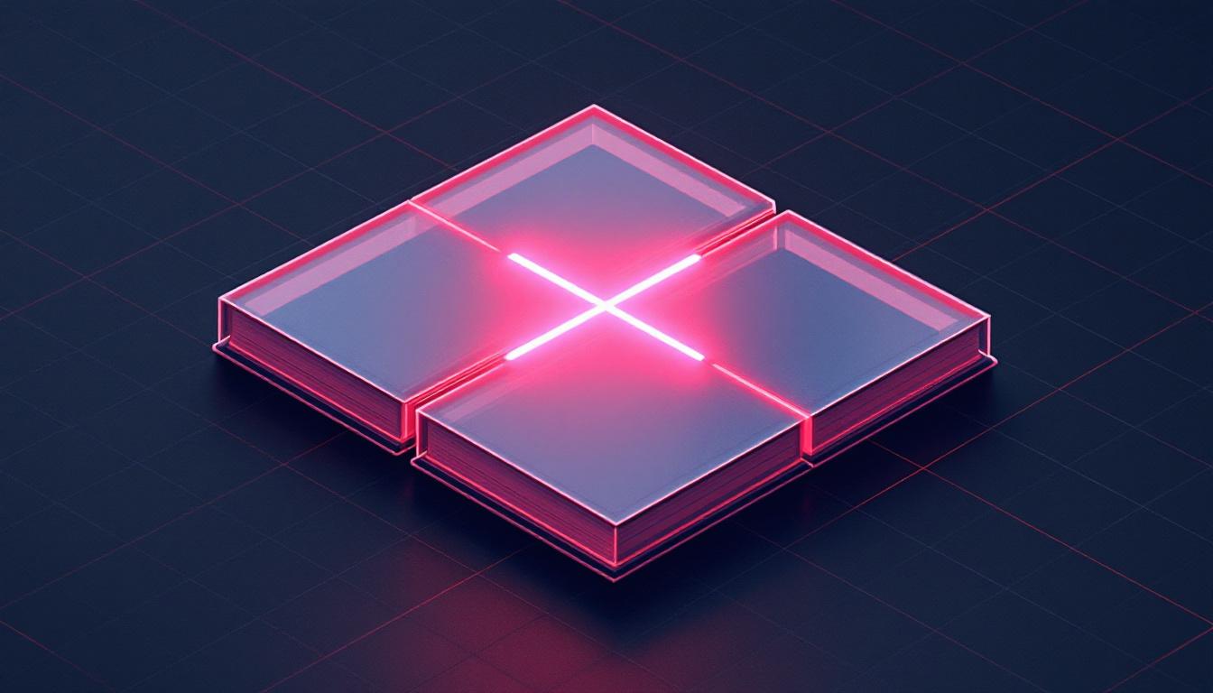 Two identical translucent book cards overlapping on a dark grid background with a glowing red X between them, illustrating a duplicate database row collision