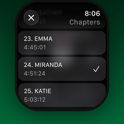 The chapter list on the SoundLeaf watch app with a tick beside the current chapter