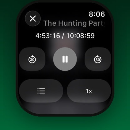 The SoundLeaf watch player with skip buttons, pause, a chapter list button and a 1x speed button