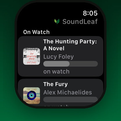 The SoundLeaf Apple Watch app showing an On Watch shelf with two downloaded books