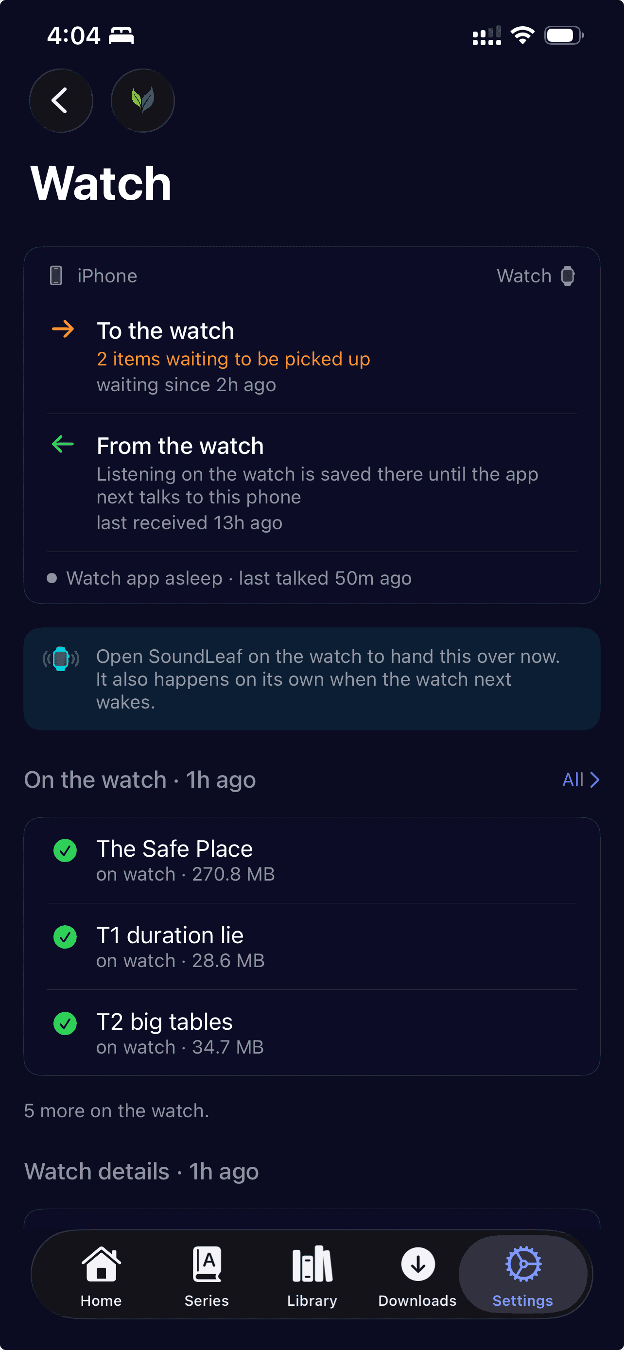 The Watch screen in SoundLeaf settings, showing two items waiting to go to the watch since 2h ago, a grey dot reading watch app asleep, and a list of books on the watch with their sizes