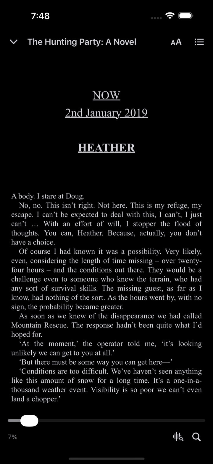 The SoundLeaf ebook reader showing a chapter of The Hunting Party on a dark page, with a progress bar and search button at the bottom