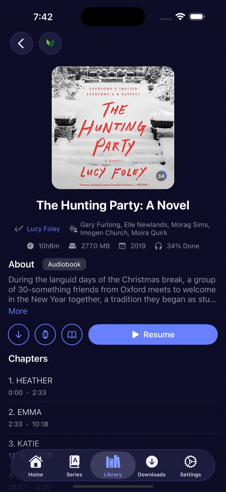 A book screen in SoundLeaf showing download, send to watch, and read buttons next to the Resume button
