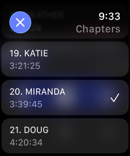 The chapter list on the SoundLeaf watch app with a tick beside the current chapter