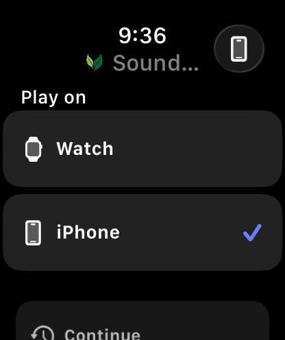 The Play on toggle in the SoundLeaf watch app set to iPhone, with a tick beside it