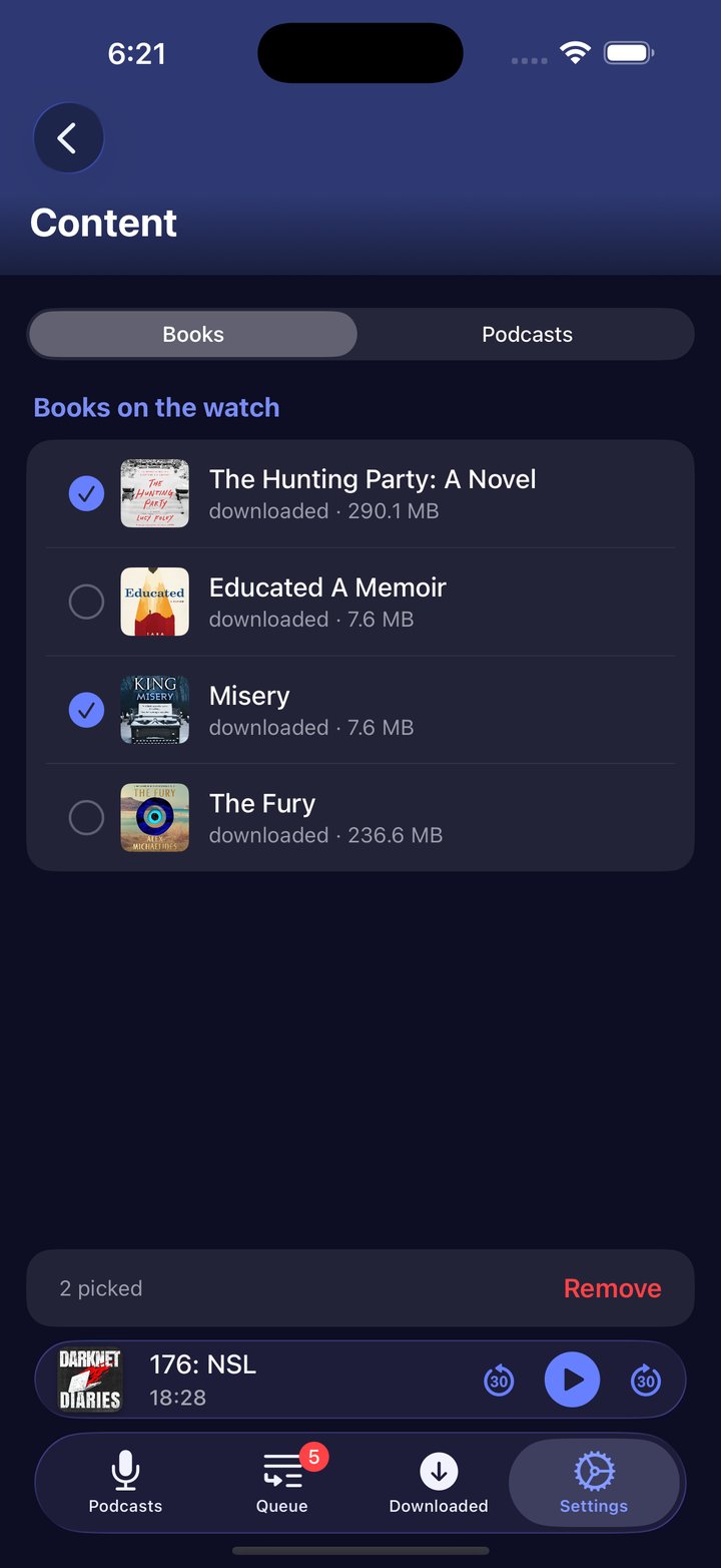 The Content screen in SoundLeaf's watch settings, with books listed beside selection circles and a Remove card at the bottom